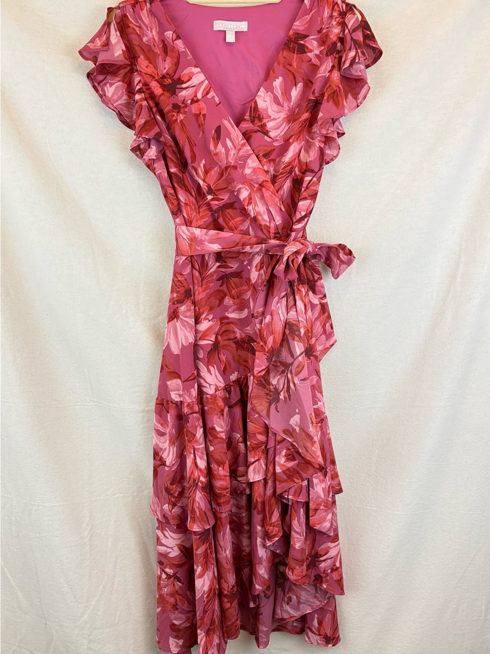Chelsea28 Red Pink Floral Wrap MIDI Dress Ruffle Tiers SMALL V-Neck Romantic